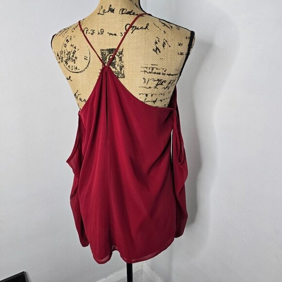 Red Cold Shoulder Black Lace Trim Chiffon Sleeve Express Top Medium - Picture 7 of 9